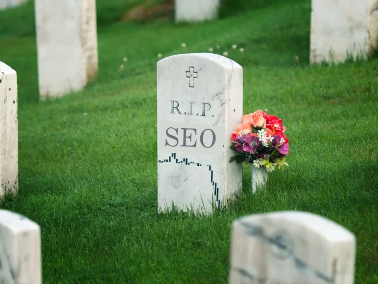 Illustration of an SEO gravestone symbolizing outdated SEO practices.